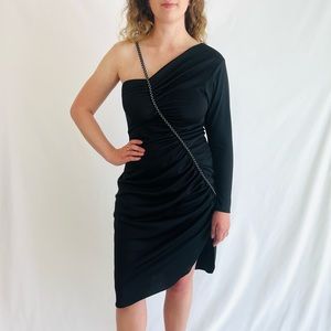 Vintage 70s Black Single Sleeve Asymmetrical Rhinestone Party Dress Size Medium